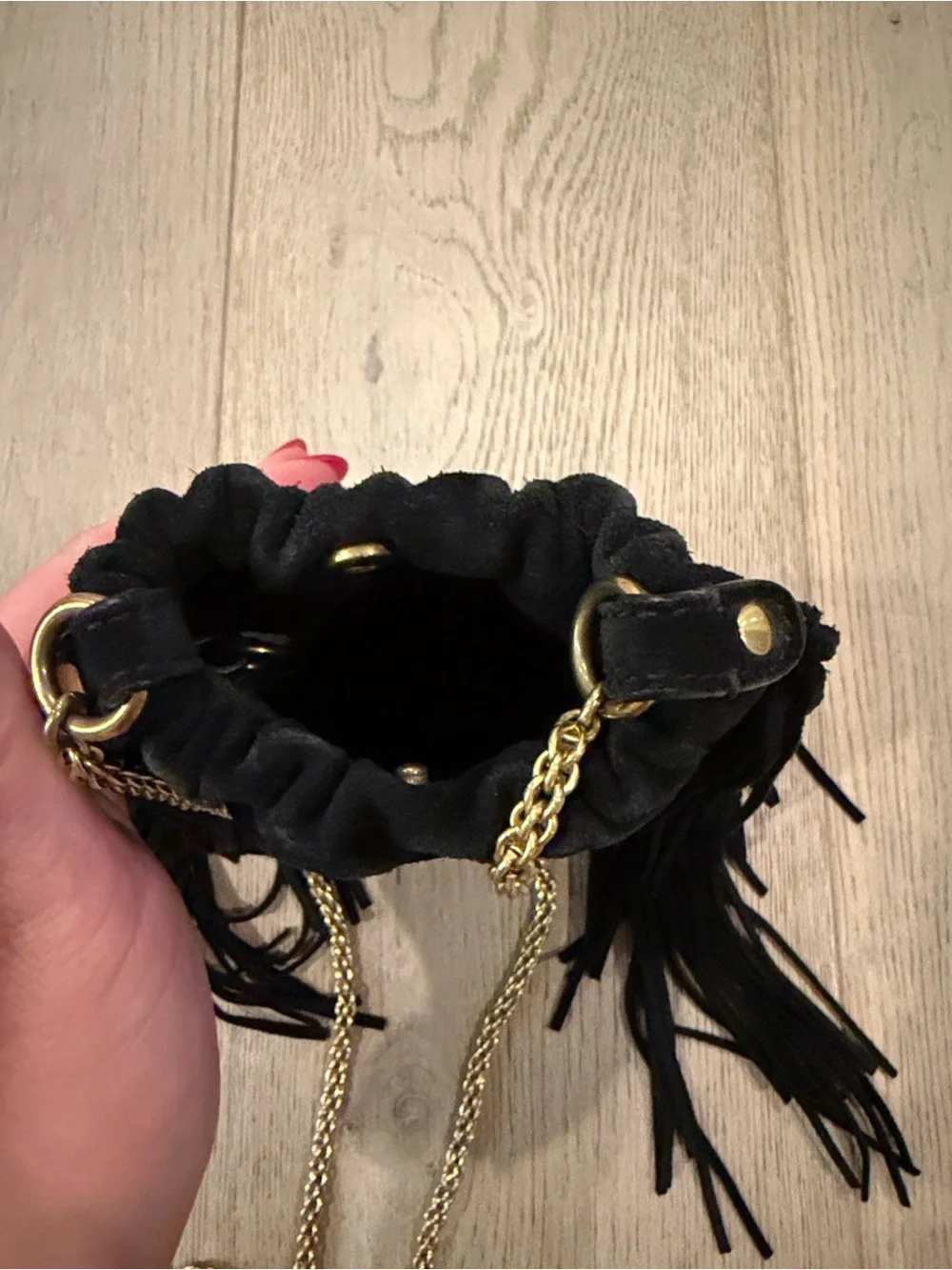 Jerome Dreyfuss Black Suede Fringe Crossbody Bag with Gold Chain